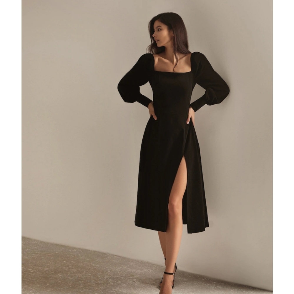 NWT Square-Neckline Split-Hem Midi Dress